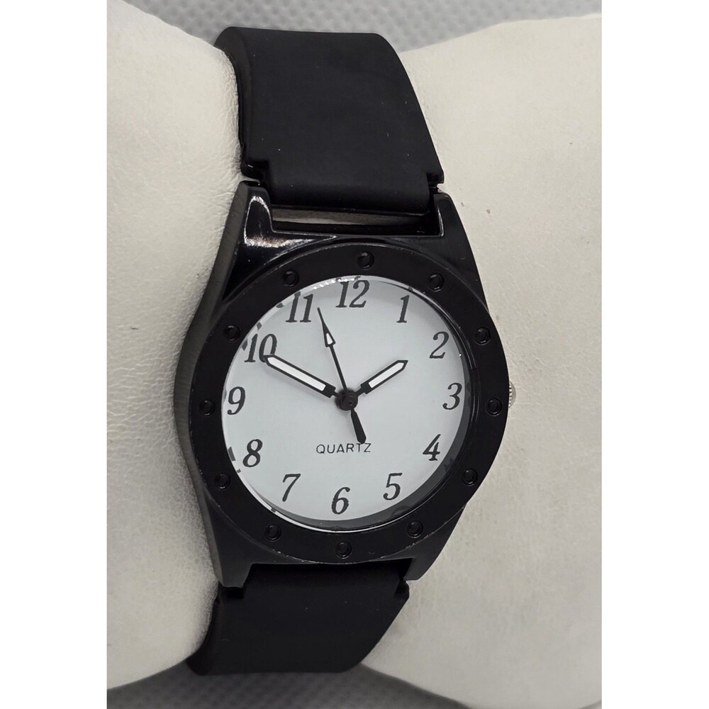 Unisex Quartz Round White Dial Large Numbers Black Silicone Strap Watch 04 - Picture 3 of 9